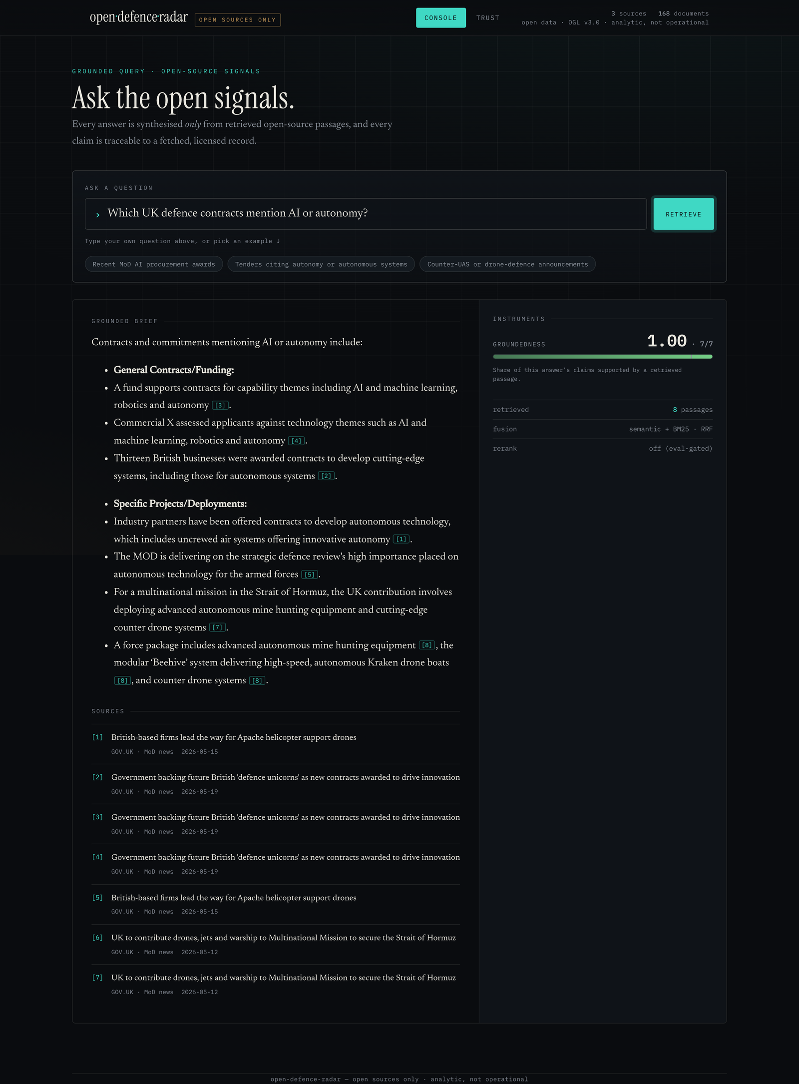 The web console answering a question about UK defence contracts mentioning AI or autonomy, with inline citation chips, a groundedness read of 1.00, and a numbered list of sources.