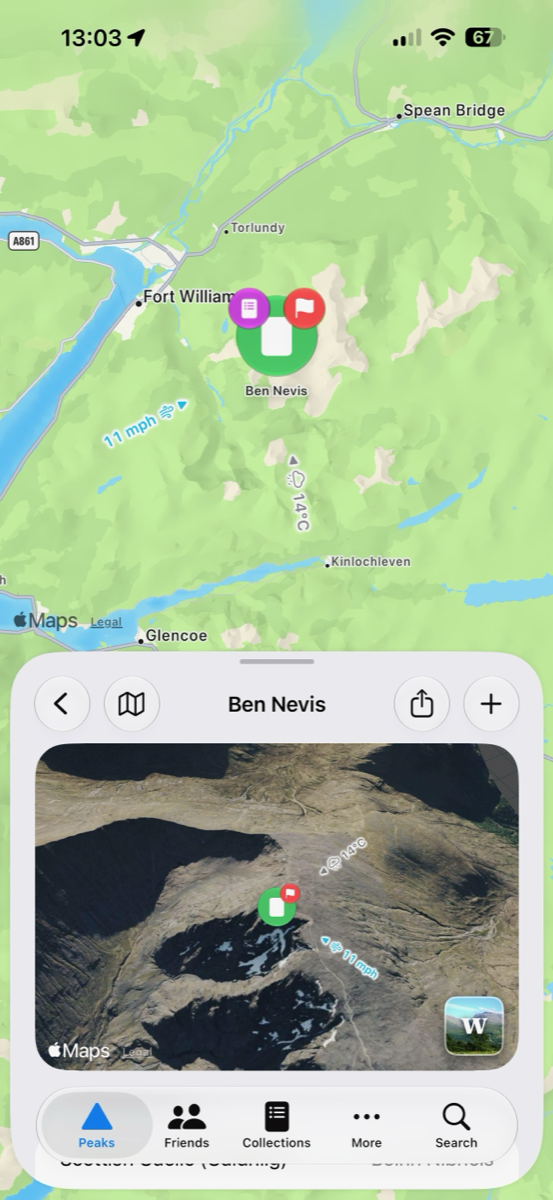 The Ben Nevis peak page with a 3D satellite view of the summit.