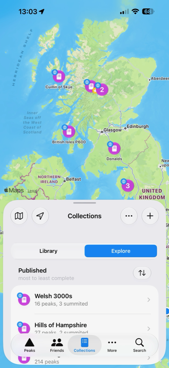 The Collections explore map of the UK with published hiking lists such as the British Isles P600 and Donalds.