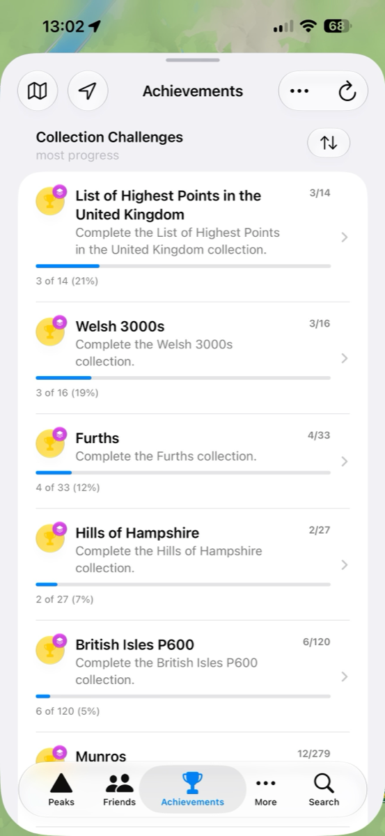 The Achievements screen with collection-challenge progress bars for the Munros, Furths and Welsh 3000s.